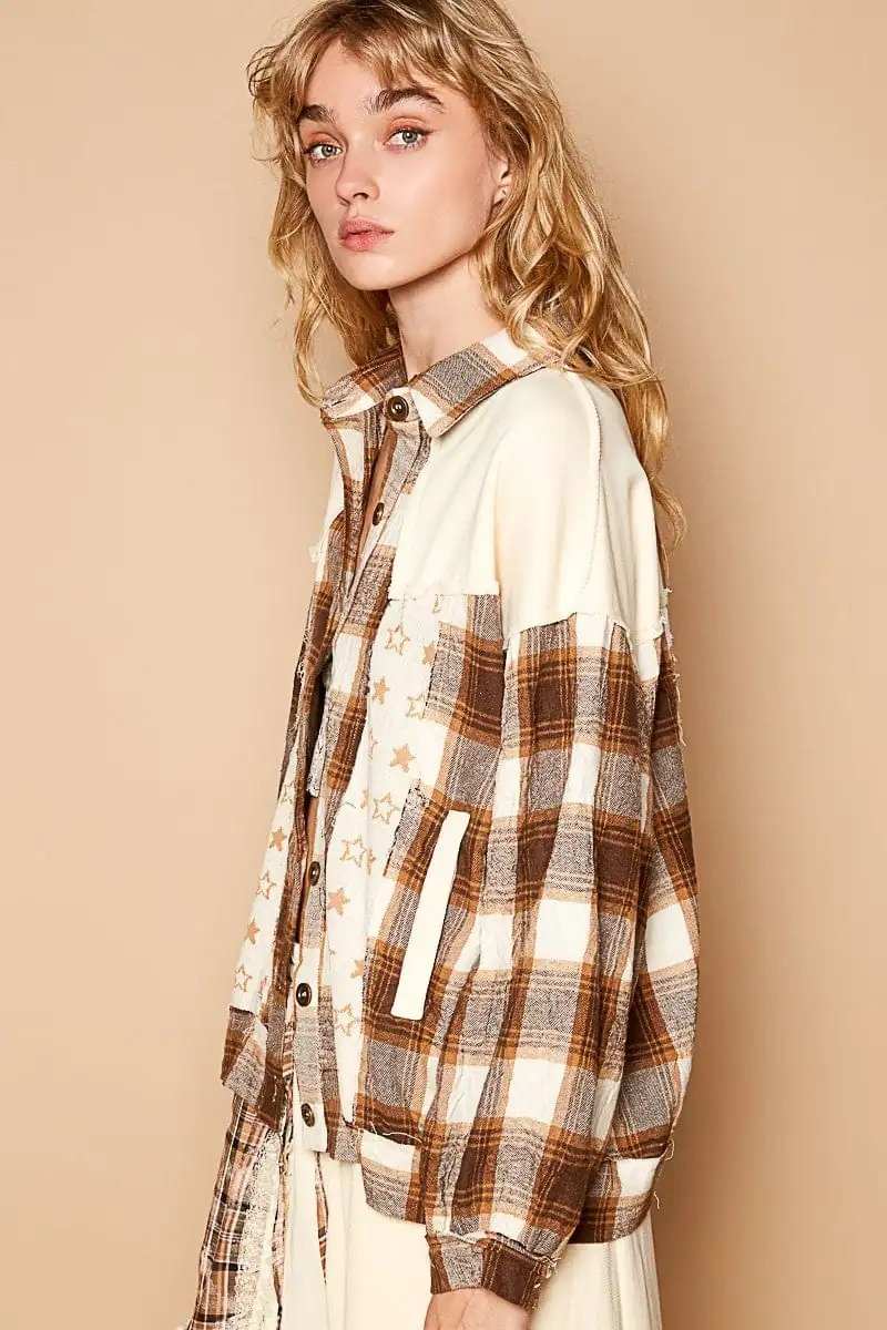 POL Plaid & Star Patchwork Contrast Long Sleeve Shacket - Trendsi - Flyclothing LLC