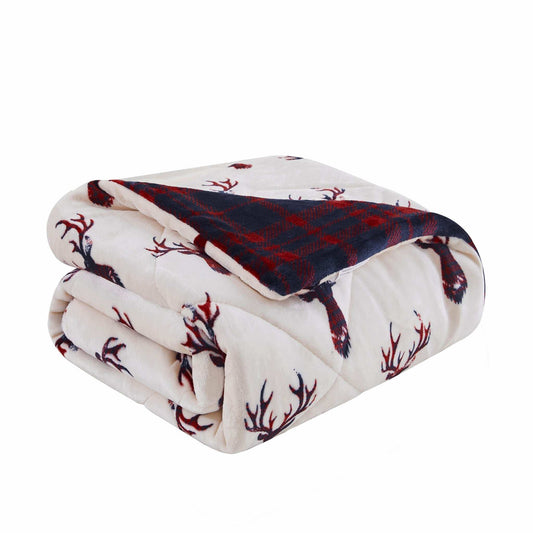 Deer Head Red Navy Printed Velvet and Velvet Throw Blanket - Homeroots - Flyclothing LLC