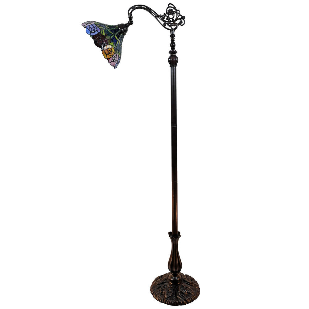 74" Brown Traditional Shaped Floor Lamp With Blue Red And Yellow Flowers Stained Glass Dome Shade - Homeroots - Flyclothing LLC