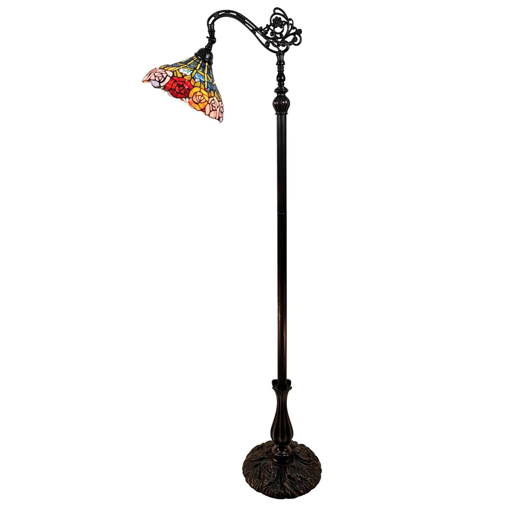 74" Brown Traditional Shaped Floor Lamp With Blue Red And Yellow Flowers Stained Glass Dome Shade - Homeroots - Flyclothing LLC