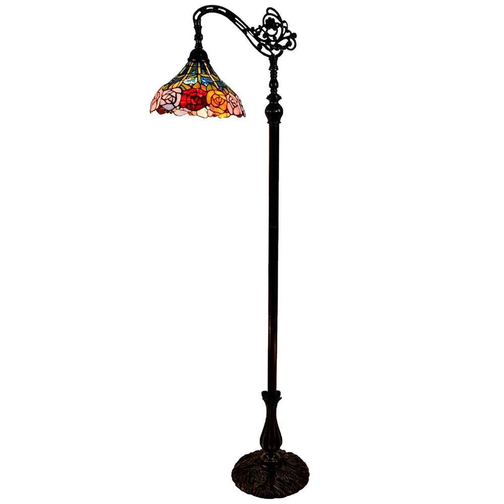 74" Brown Traditional Shaped Floor Lamp With Blue Red And Yellow Flowers Stained Glass Dome Shade - Homeroots - Flyclothing LLC