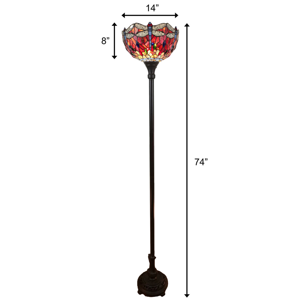 69" Brown Traditional Shaped Floor Lamp With Red Yellow And Brown Dragonfly Stained Glass Dome Shade - Homeroots - Flyclothing LLC