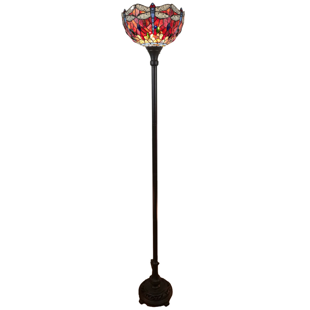 69" Brown Traditional Shaped Floor Lamp With Red Yellow And Brown Dragonfly Stained Glass Dome Shade - Homeroots - Flyclothing LLC