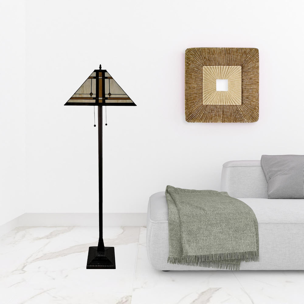 62" Brown Two Lights Traditional Shaped Floor Lamp With Brown And White Stained Glass Cone Shade - Homeroots - Flyclothing LLC