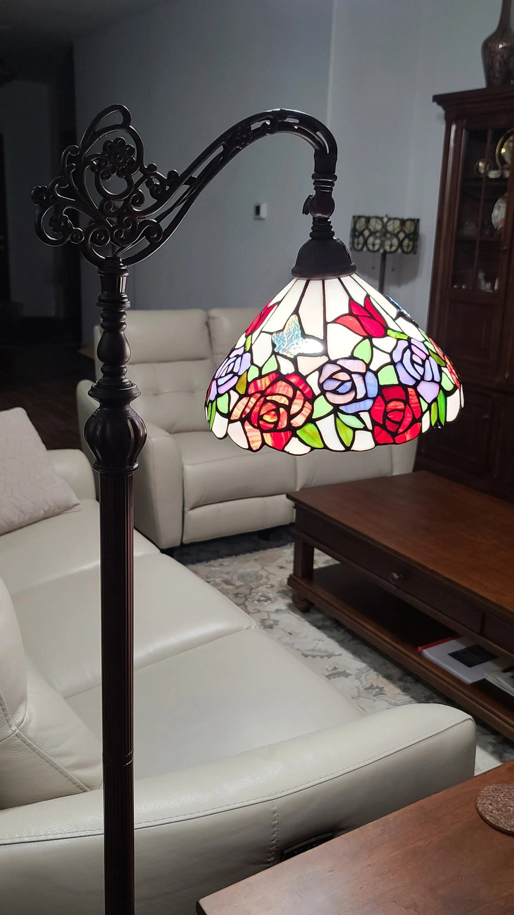 72" Brown Traditional Shaped Floor Lamp With White And Red Stained Glass Bowl Shade - Homeroots