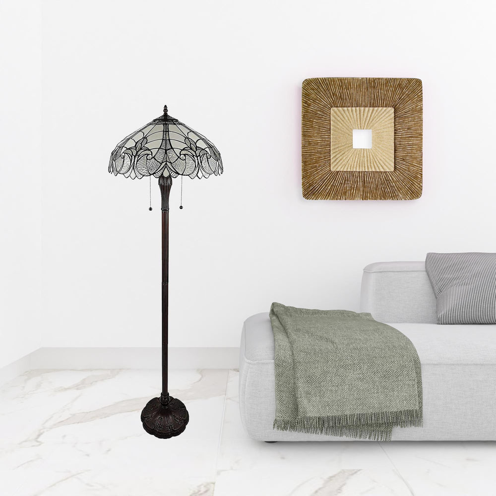 62" Brown Two Light Torchiere Floor Lamp With White Fleur De Lis Stained Glass Dome Shade - Homeroots - Flyclothing LLC