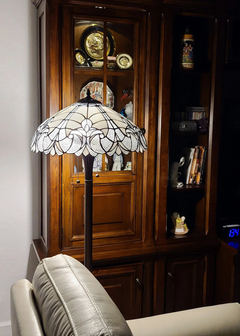 62" Brown Two Light Torchiere Floor Lamp With White Fleur De Lis Stained Glass Dome Shade - Homeroots - Flyclothing LLC