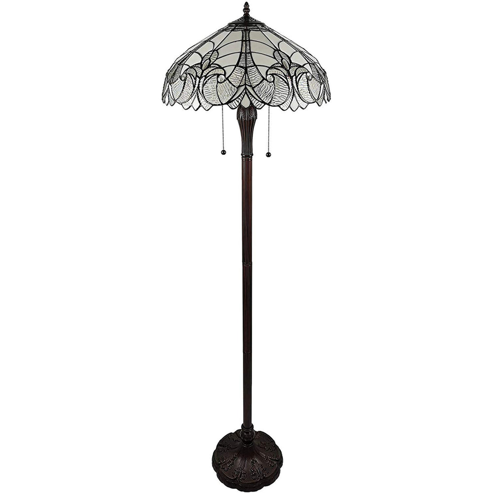 62" Brown Two Light Torchiere Floor Lamp With White Fleur De Lis Stained Glass Dome Shade - Homeroots - Flyclothing LLC