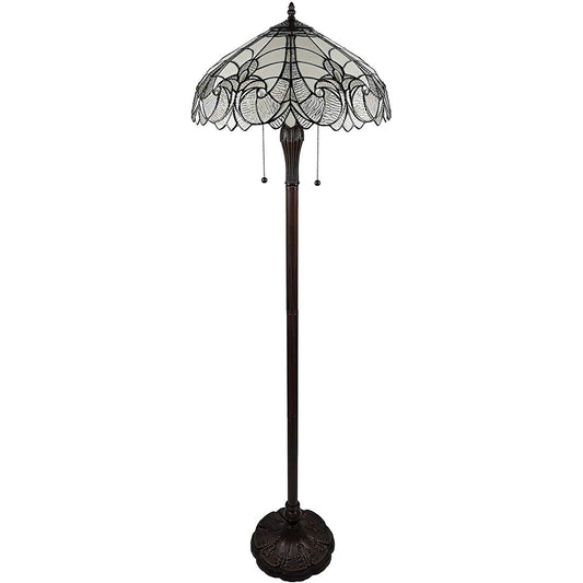 62" Brown Two Light Torchiere Floor Lamp With White Fleur De Lis Stained Glass Dome Shade - Homeroots