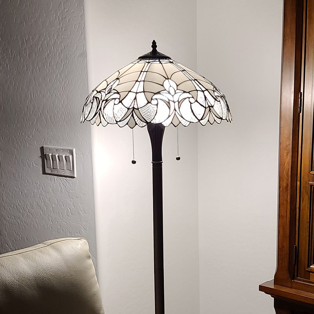 62" Brown Two Light Torchiere Floor Lamp With White Fleur De Lis Stained Glass Dome Shade - Homeroots - Flyclothing LLC