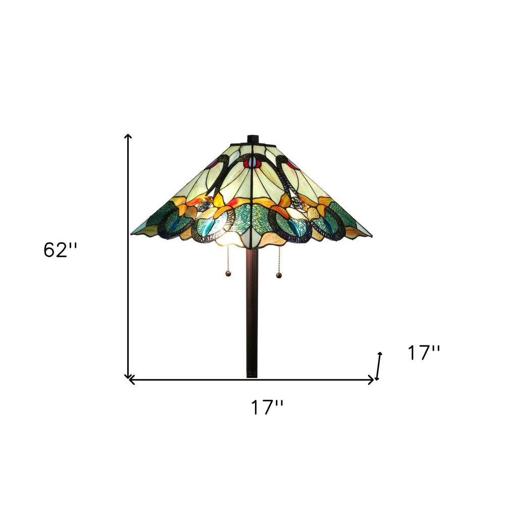 62" Brown Two Light Traditional Shaped Floor Lamp With Brown And Blue Stained Glass Cone Shade - Homeroots