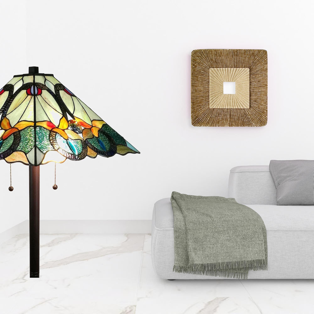 62" Brown Two Light Traditional Shaped Floor Lamp With Brown And Blue Stained Glass Cone Shade - Homeroots