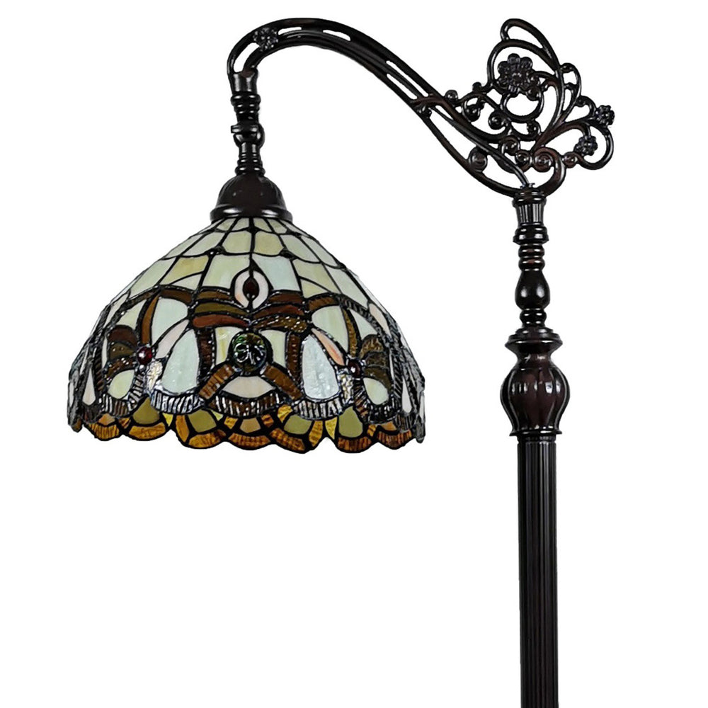 62" Brown Metal Arched Floor Lamp With Amber and Red Flowers Stained Glass Shade - Homeroots - Flyclothing LLC