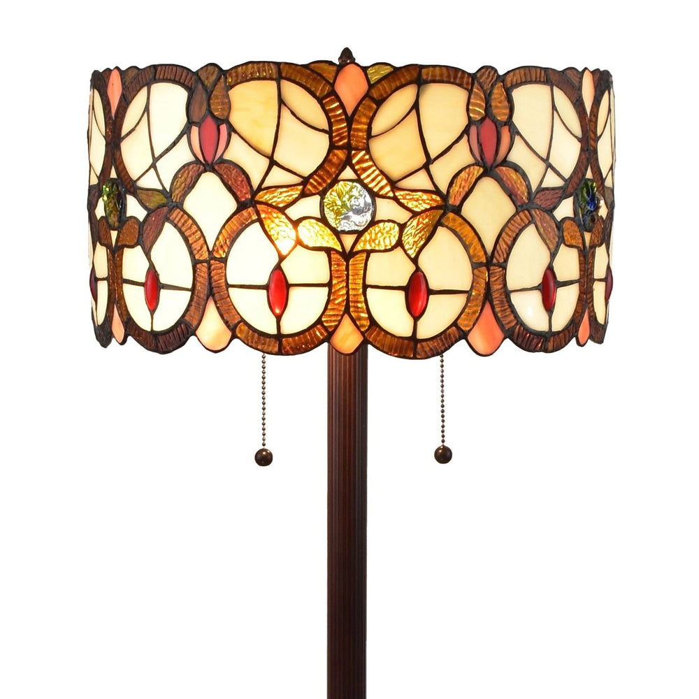 63" Brown Two Light Traditional Shaped Floor Lamp With Brown And White Stained Glass Drum Shade - Homeroots - Flyclothing LLC