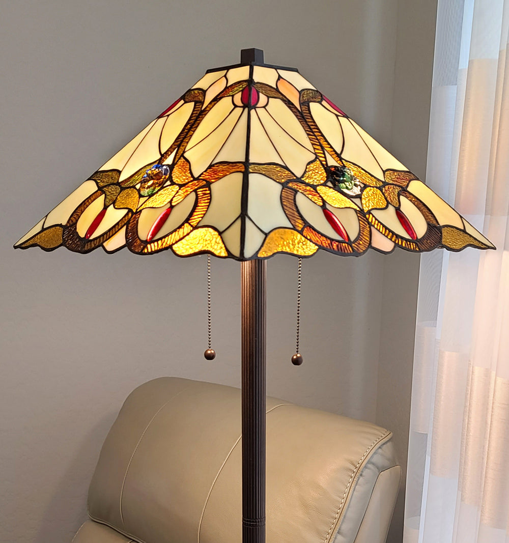 62" Brown Two Lights Traditional Shaped Floor Lamp With Brown And White Stained Glass Cone Shade - Homeroots - Flyclothing LLC