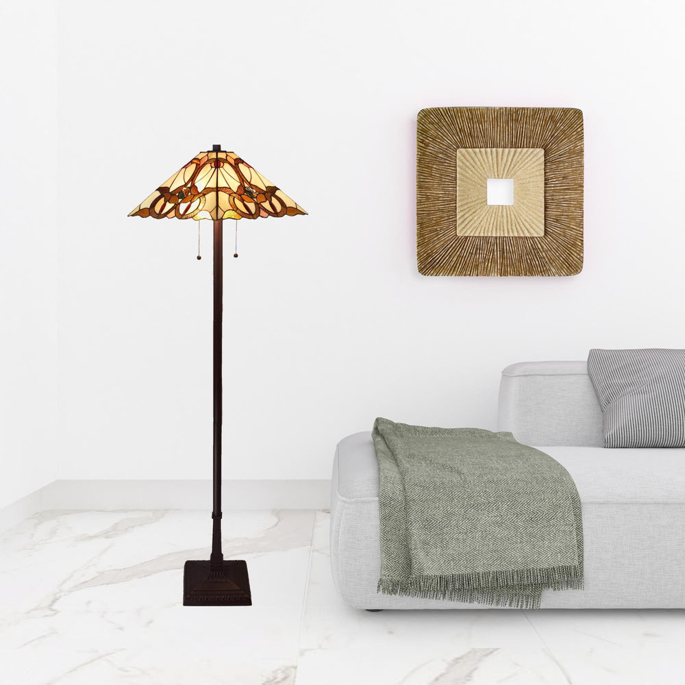 62" Brown Two Lights Traditional Shaped Floor Lamp With Brown And White Stained Glass Cone Shade - Homeroots - Flyclothing LLC