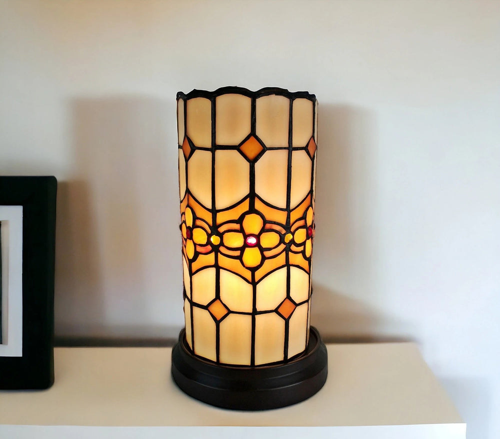 11" Brown and Beige Mosaic Tile Stained Glass Accent Lamp - Homeroots