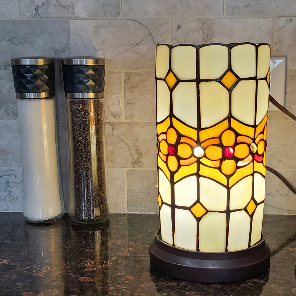 11" Brown and Beige Mosaic Tile Stained Glass Accent Lamp - Homeroots