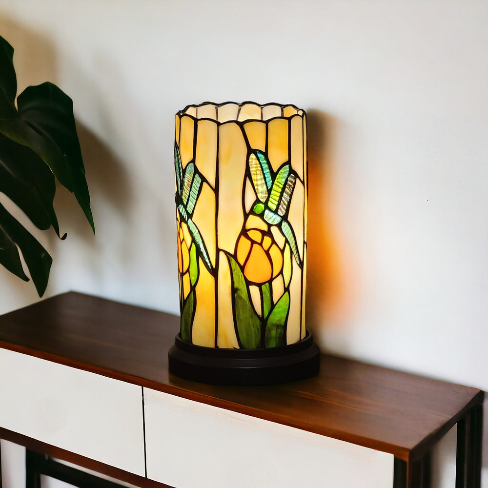11" Beige and Green Dragonfly Stained Glass Accent Lamp - Homeroots - Flyclothing LLC