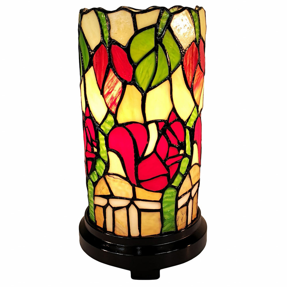 14" Red Green and Black Floral Stained Glass Accent Lamp - Homeroots - Flyclothing LLC