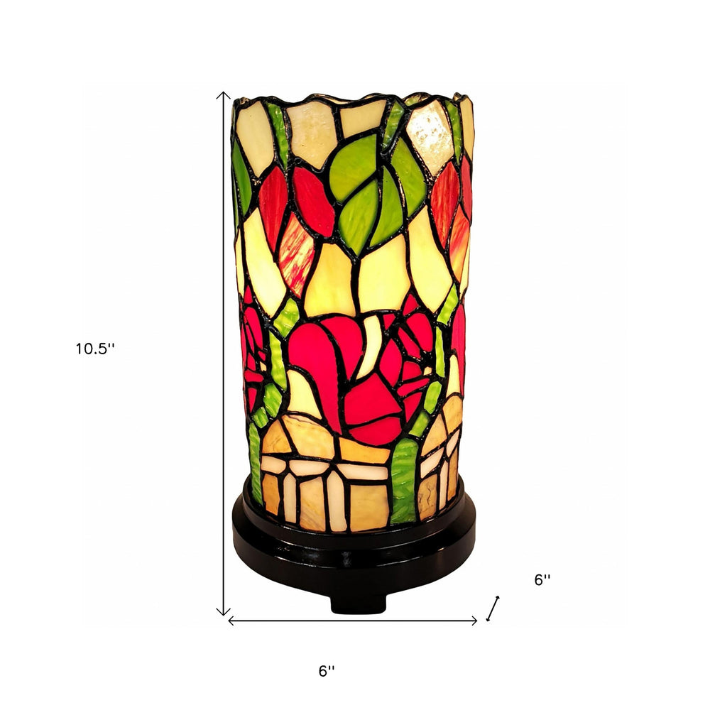 14" Red Green and Black Floral Stained Glass Accent Lamp - Homeroots - Flyclothing LLC
