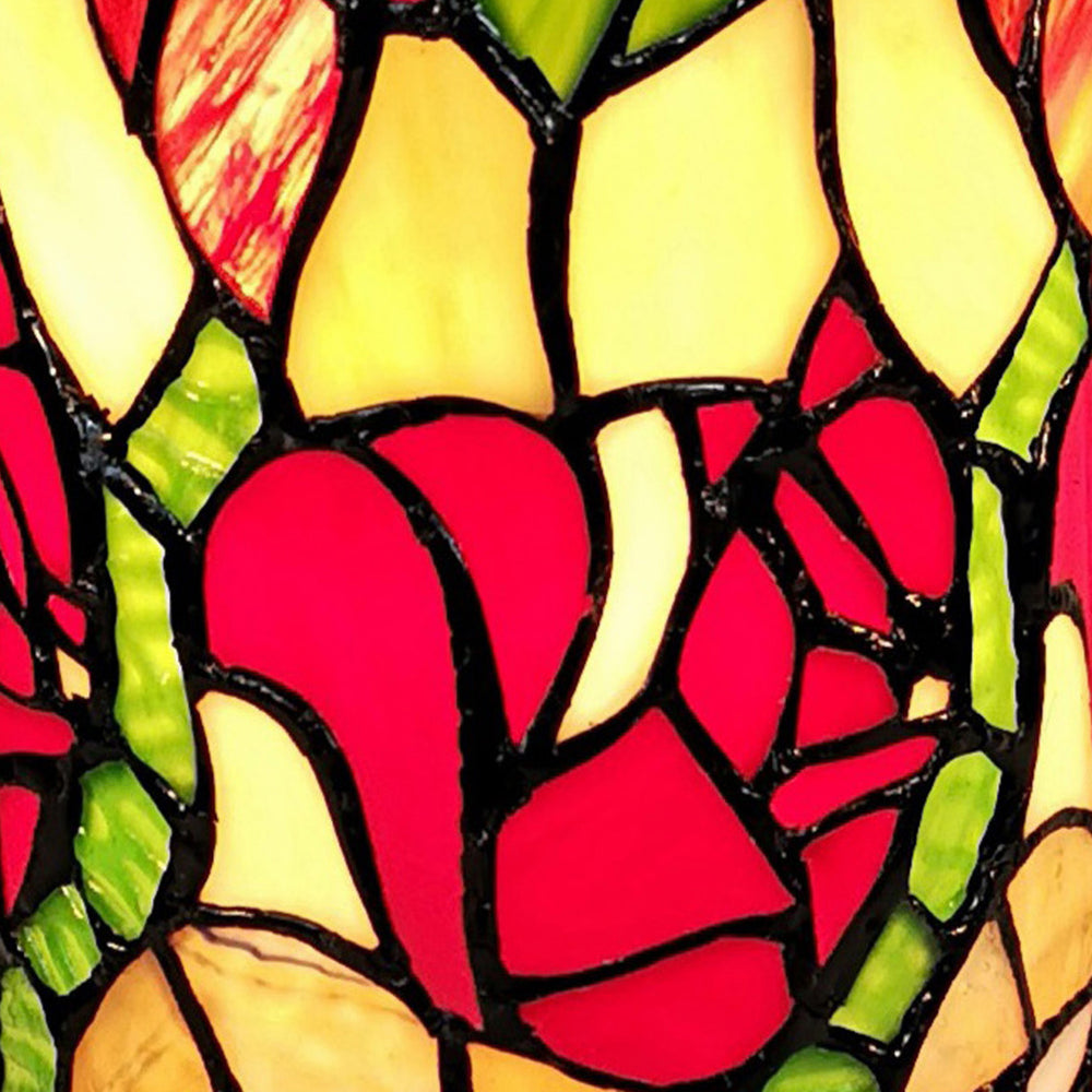 14" Red Green and Black Floral Stained Glass Accent Lamp - Homeroots - Flyclothing LLC