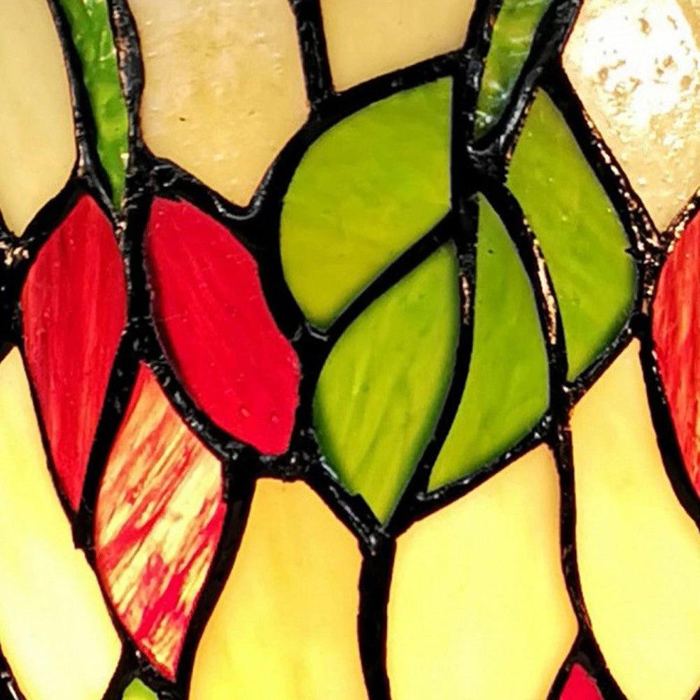 14" Red Green and Black Floral Stained Glass Accent Lamp - Homeroots - Flyclothing LLC