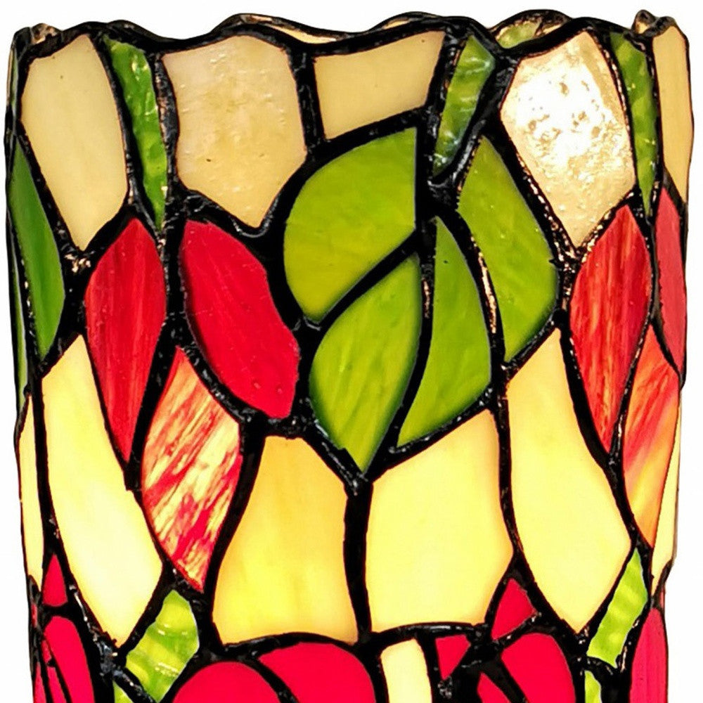14" Red Green and Black Floral Stained Glass Accent Lamp - Homeroots - Flyclothing LLC