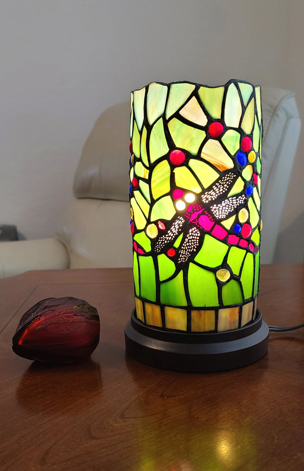 11" Green and Pink Dragonfly Stained Glass Accent Lamp - Homeroots