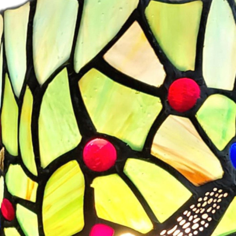 11" Green and Pink Dragonfly Stained Glass Accent Lamp - Homeroots
