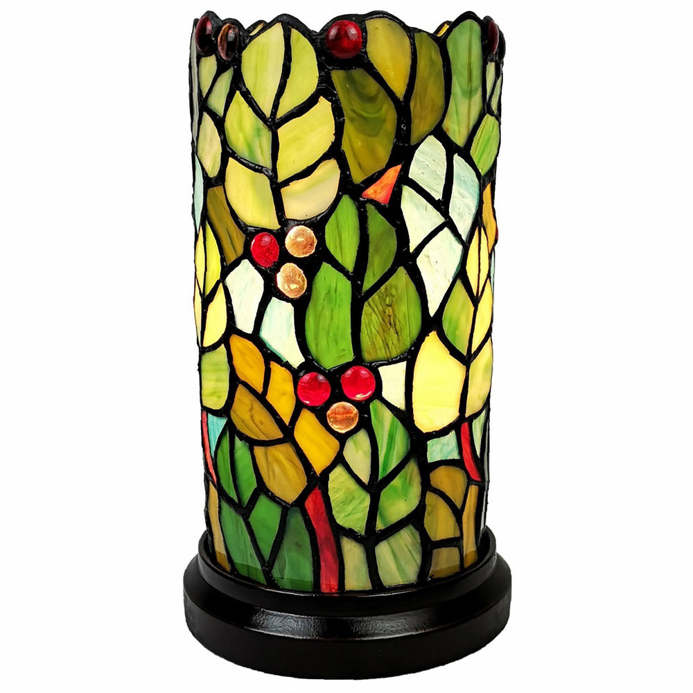 11" Green and Red Leaves and Berries Stained Glass Accent Lamp - Homeroots - Flyclothing LLC