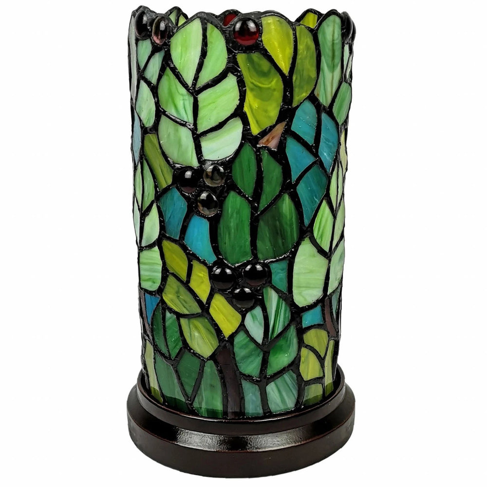 11" Green and Red Leaves and Berries Stained Glass Accent Lamp - Homeroots - Flyclothing LLC