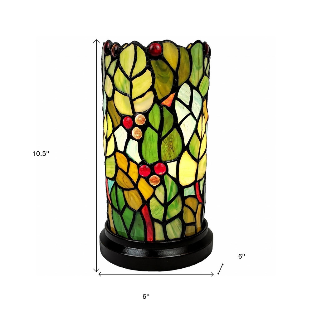 11" Green and Red Leaves and Berries Stained Glass Accent Lamp - Homeroots - Flyclothing LLC