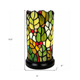 11" Green and Red Leaves and Berries Stained Glass Accent Lamp - Homeroots - Flyclothing LLC