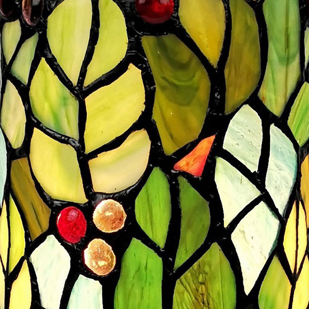 11" Green and Red Leaves and Berries Stained Glass Accent Lamp - Homeroots - Flyclothing LLC