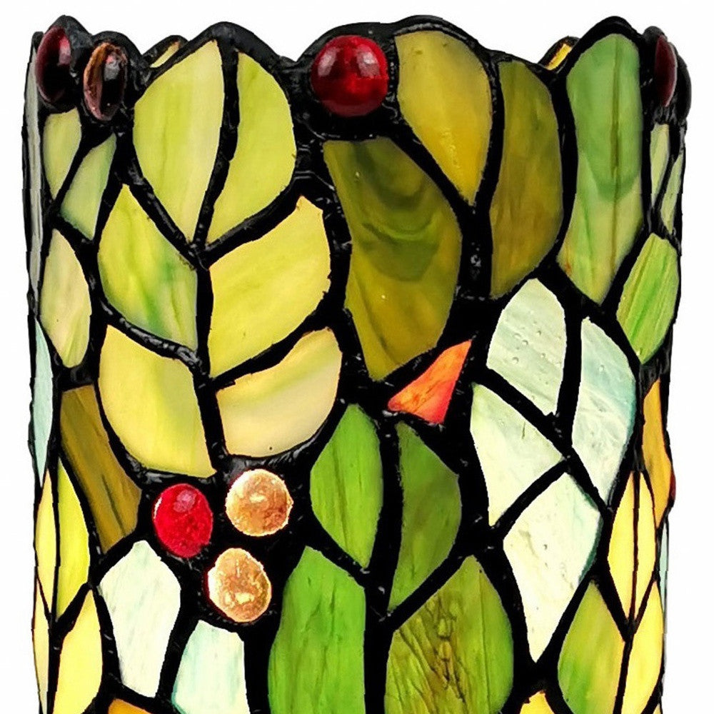 11" Green and Red Leaves and Berries Stained Glass Accent Lamp - Homeroots - Flyclothing LLC