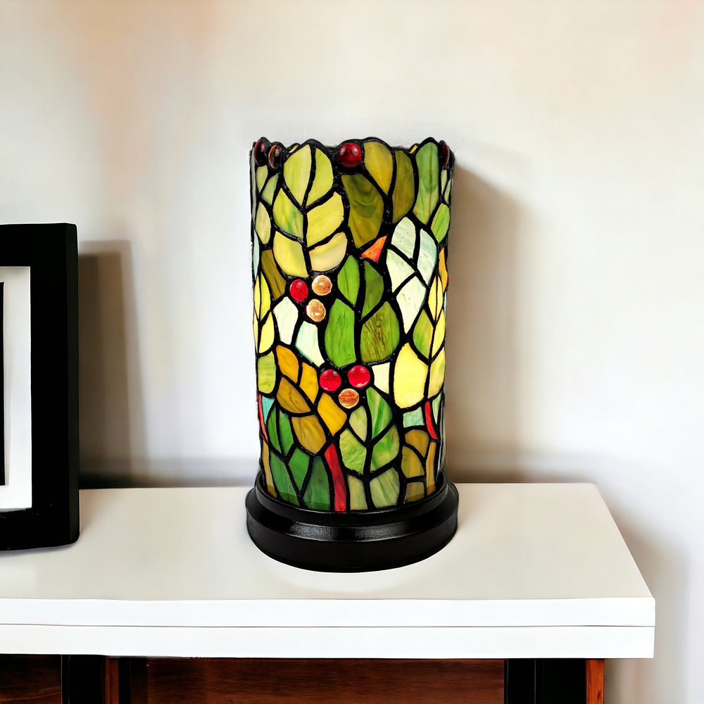 11" Green and Red Leaves and Berries Stained Glass Accent Lamp - Homeroots - Flyclothing LLC