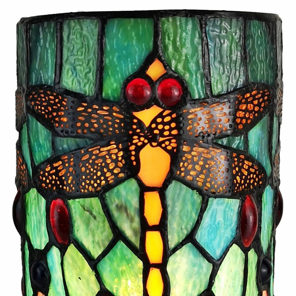 11" Green Brown and Orange Dragonfly Stained Glass Accent Lamp - Homeroots