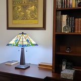 22" Dark Brown Metal Two Light Candlestick Table Lamp With Blue and Beige Shade - Homeroots - Flyclothing LLC