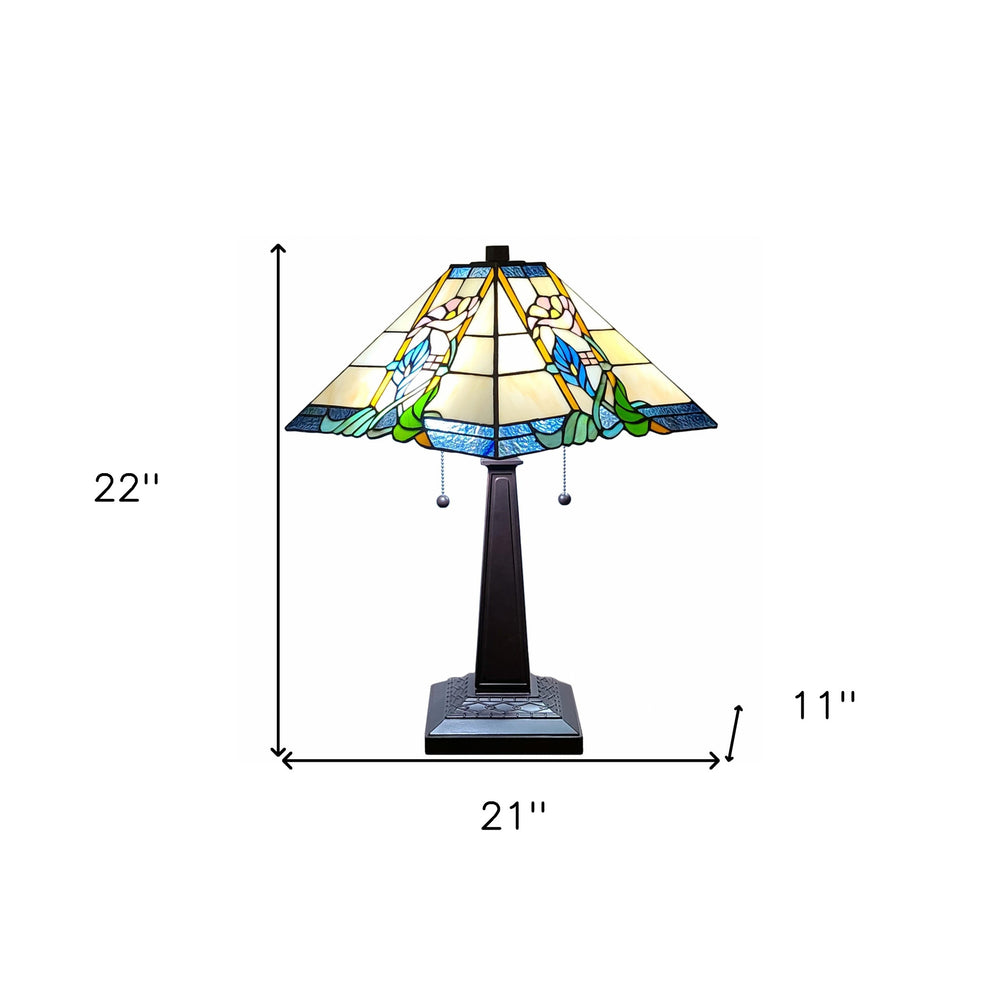 22" Dark Brown Metal Two Light Candlestick Table Lamp With Blue and Beige Shade - Homeroots - Flyclothing LLC