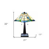 22" Dark Brown Metal Two Light Candlestick Table Lamp With Blue and Beige Shade - Homeroots - Flyclothing LLC