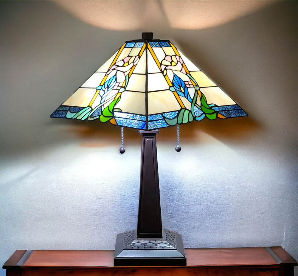 22" Dark Brown Metal Two Light Candlestick Table Lamp With Blue and Beige Shade - Homeroots - Flyclothing LLC