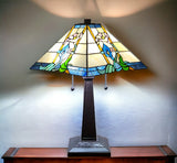 22" Dark Brown Metal Two Light Candlestick Table Lamp With Blue and Beige Shade - Homeroots - Flyclothing LLC