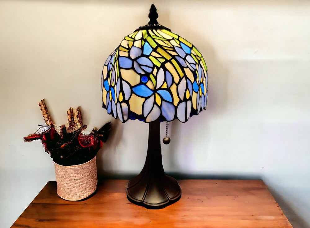 15" Dark Brown Metal Candlestick Table Lamp With Blue Dome Shade - Homeroots - Flyclothing LLC