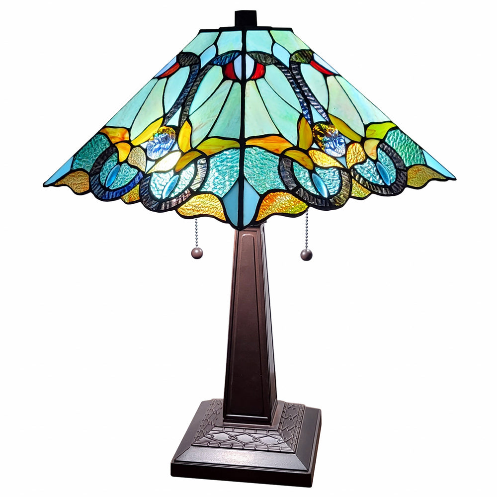 23" Dark Brown Metal Two Light Table Lamp With Blue and Green Cone Shade - Homeroots