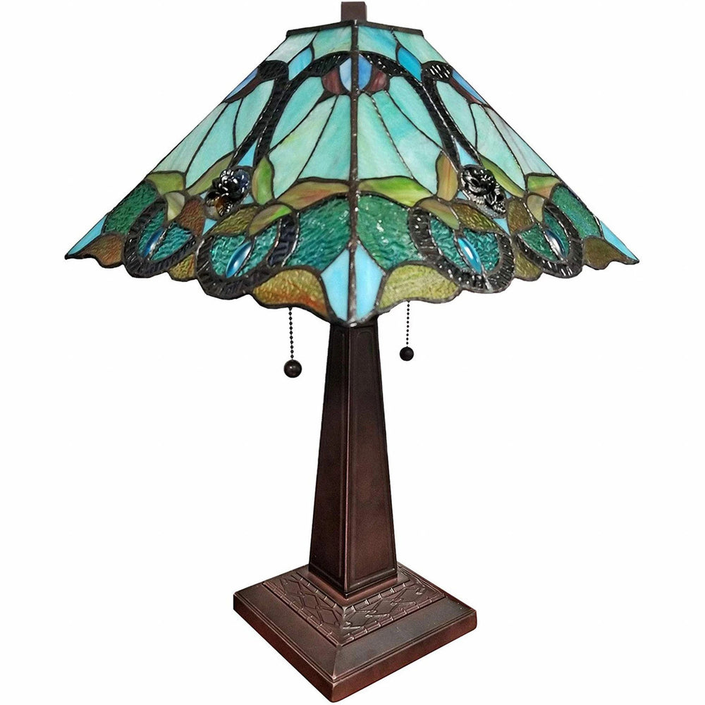 23" Dark Brown Metal Two Light Table Lamp With Blue and Green Cone Shade - Homeroots