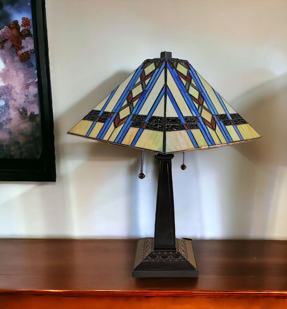 22" Dark Brown Metal Two Light Candlestick Table Lamp With Blue Empire Shade - Homeroots - Flyclothing LLC