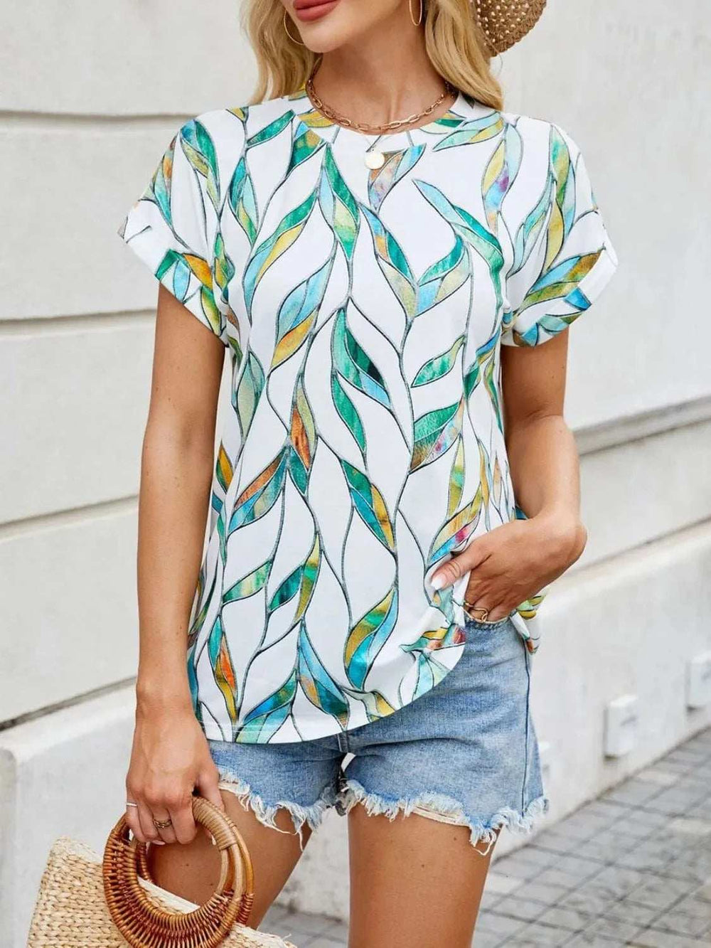 Printed Round Neck Short Sleeve Top - Trendsi - Flyclothing LLC