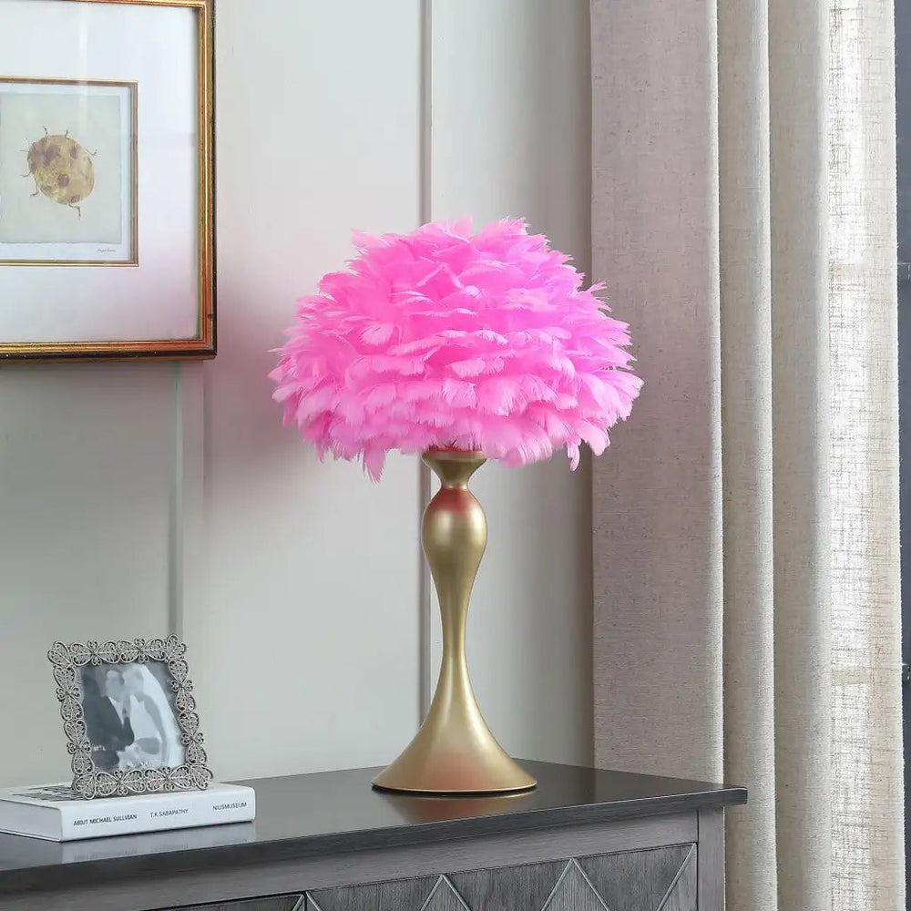 24" Glam Hot Pink Feather and Gold Table Lamp - Homeroots - Flyclothing LLC