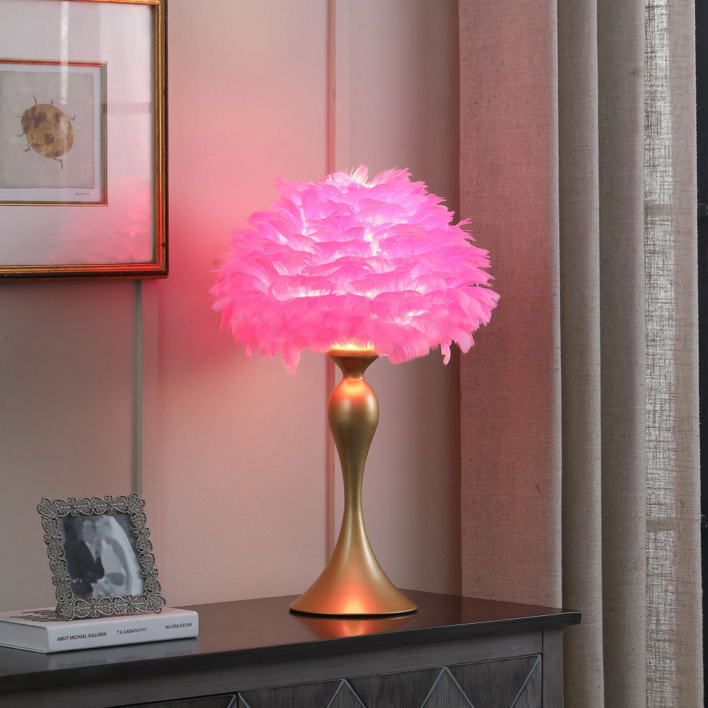24" Glam Hot Pink Feather and Gold Table Lamp - Homeroots - Flyclothing LLC